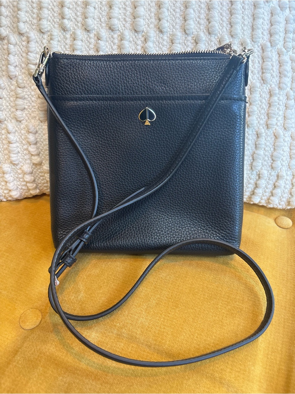 kate spade Black Pebbled Leather Slim Crossbody with Gold Spade Logo